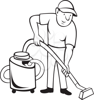 Cartoon style illustration of a commercial carpet cleaner worker vacuuming the floor with vacuum cleaner viewed from front on isolated background done in black and white. 