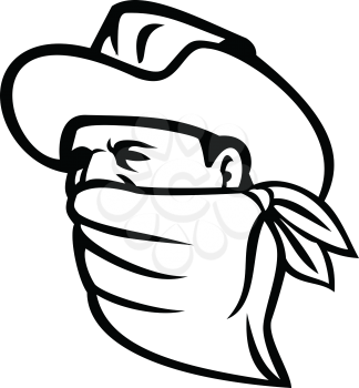 Mascot illustration of a cowboy bandit, outlaw, highwayman, maverick or robber wearing a face mask, face covering or bandana looking to side on isolated background in retro black and white style.