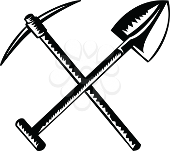 Retro woodcut style illustration of a crossed spade or shovel and mining pick ax, pickaxe, pick-axe or pick on isolated background done in black and white.