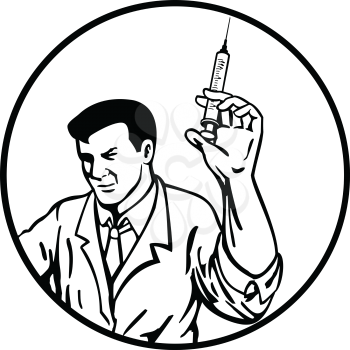 Retro style illustration of a medical doctor, nurse, medical worker or scientist wearing lab coat holding up a syringe with vaccine on set inside circle isolated background done in black and white.