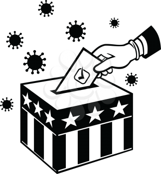Retro style illustration of an American voter with glove hand voting during pandemic covid-19 coronavirus lockdown putting vote into ballot box with USA stars and stripes flag in black and white.