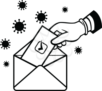 Retro style illustration of an American voter with glove hand voting during pandemic covid-19 coronavirus lockdown putting ballot or vote inside postal ballot envelope in black and white.