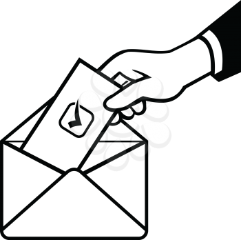 Retro black and white style illustration of a hand of a voter putting ballot or vote inside postal ballot envelope in on isolated background.
