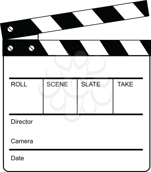 Retro style illustration of a clapperboard, clapper, clapboard or cue card,  a device used in filmmaking and video production to assist in synchronizing of picture and sound done in black and white.