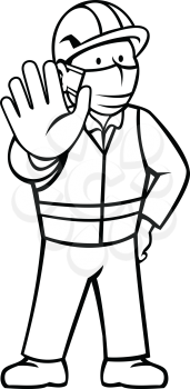 Black and white cartoon illustration of a construction worker wearing face mask showing stop hand signal with hand on hips viewed from front in retro style on isolated background.