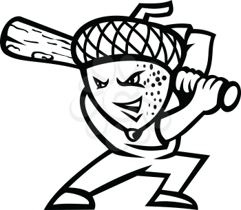Mascot icon illustration of an acorn, or oak nut, the nut or seed of the oak tree, as baseball player batting with baseball bat viewed from side on isolated background in retro  black and white style.