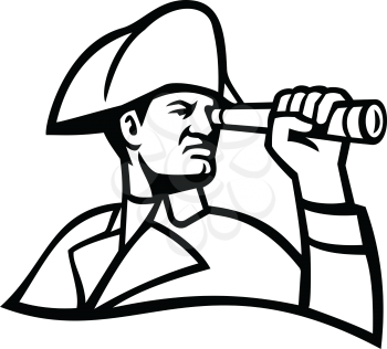 Mascot icon illustration of head of a British admiral of the fleet looking thru a telescope viewed from side on isolated background in retro black and white style.