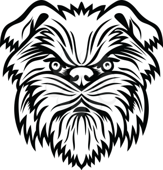 Mascot black and white illustration of head of an Affenpinscher, Monkey Terrier, Affen, Affie or Monkey Dog, a terrier-like toy breed of dog viewed from front on isolated background in retro style.