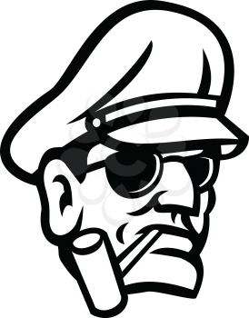 Mascot icon illustration of bust of a military army general smoking a pipe viewed from front on isolated background in retro black and white style.