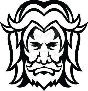 Mascot icon black and white illustration of head of Baldr, Balder or Baldur, a god in Norse mythology, and a son of the god Odin viewed from front on isolated background in retro style.