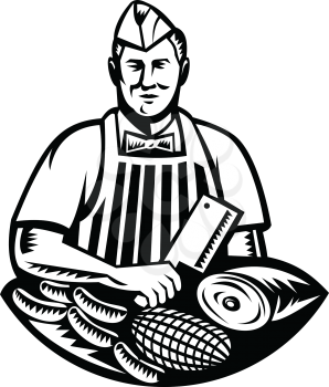 Retro woodcut style illustration of a butcher cutter worker with meat cleaver knife and different cuts of meat and sausages facing front set inside circle on isolated background.