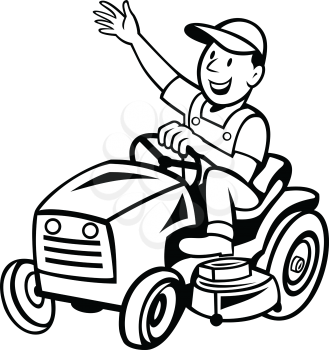 Cartoon style illustration of farmer or gardener riding ride-on mower mowing waving hand viewed from side on isolated background done in black and white.