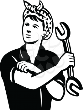 Illustration of a female mechanic holding a spanner wrench flexing her arm muscle viewed from front done in retro black and white style.