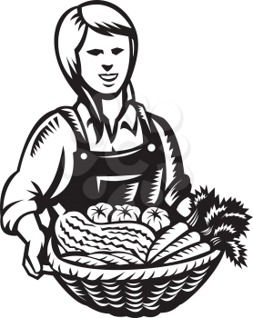 Illustration of female organic farmer with basket of crop produce harvest of fruit and vegetable facing front set done in retro black and white woodcut style.