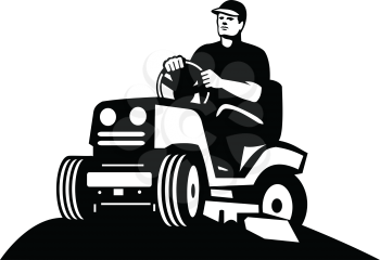 Illustration of retro style male gardener, landscaper, groundsman or groundskeeper riding ride-on lawn mower mowing greens viewed from low angle done in retro black and white style.