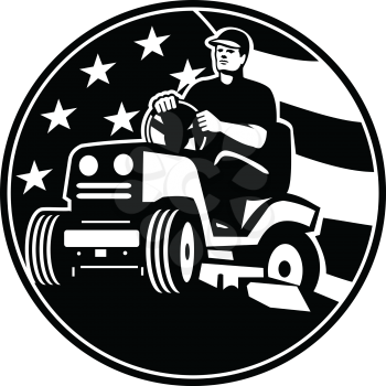 Illustration of retro style an American gardener, landscaper, groundsman or groundskeeper riding ride-on lawn mower with USA stars and stripes flag set in circle done in retro black and white style.