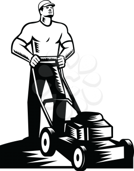 Black and white illustration of male gardener, landscaper, groundsman or groundskeeper with lawn mower mowing facing front done in retro woodcut style on isolated white background.