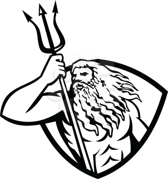 Illustration of Roman god of sea Neptune or Poseidon of Greek mythology holding a trident set inside shield crest on isolated white background in retro black and white style.