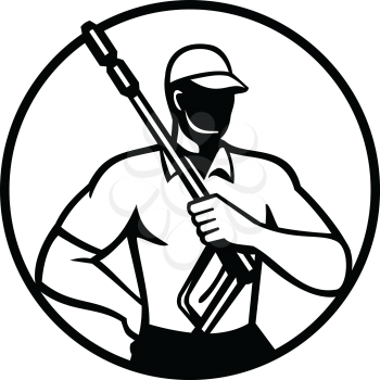 Illustration of a male power washer with pressure washing wand or water blaster viewed from front set inside circle on isolated background done in retro black and white style.