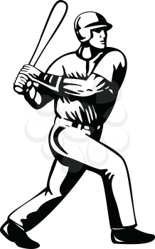Retro style illustration of a baseball player batting viewed from side on isolated background done in black and white.