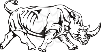 Retro woodcut style illustration of a white rhinoceros or square-lipped rhinoceros, the largest extant species of rhinoceros, running and charging side view on isolated background in black and white.