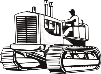 Retro woodcut style illustration of a vintage large heavy tractor or tracked heavy equipment viewed from side on isolated background done in black and white.