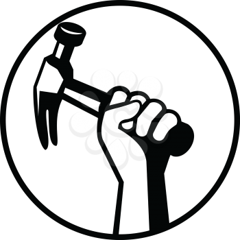 Black and white illustration of hand of a carpenter builder or handyman holding a hammer viewed from side set inside circle on isolated background done in retro style.
