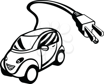 Retro black and white style illustration of an electric vehicle or green car, a passenger transport fuelled by renewable electricity to slash greenhouse gas emissions with plug coming out on isolated background.