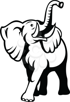 Black and white retro mascot style illustration of an elephant with long tusks looking up viewed from front on isolated white background.