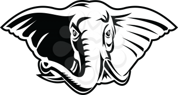 Black and white retro mascot style illustration of an elephant with long tusks viewed from front on isolated white background.
