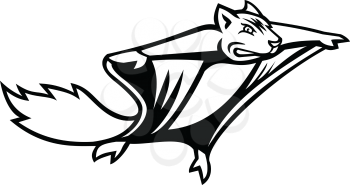 Black and white mascot illustration of a flying squirrel, black flying squirrel or Northern flying squirrel, flying or gliding viewed from a low angle on isolated background in retro style.