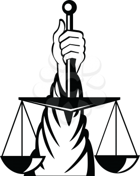 Black and white retro style illustration of hand of lady of justice holding weighing scale viewed from front on isolated background.