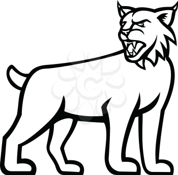 Black and white illustration of a lynx, Canada lynx, Eurasian lynx or Bobcat,a medium-sized wild cat   viewed from side on isolated background in retro style.