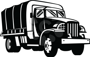 Retro woodcut black and white style illustration of a military truck is a vehicle designed to transport troops, fuel and military supplies to the battlefield, viewed from front on isolated background.