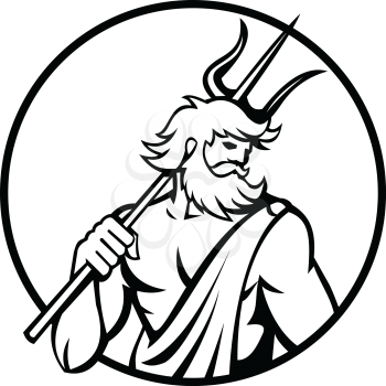 Black and white illustration of Roman god of sea Neptune Poseidon of Greek mythology holding a trident on shoulder set inside circle on isolated background done in retro style