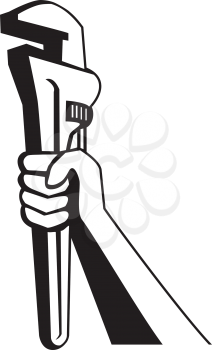Black and white illustration of a plumber hand holding adjustable pipe wrench or monkey wrench viewed from the side on isolated white background done in retro style. 