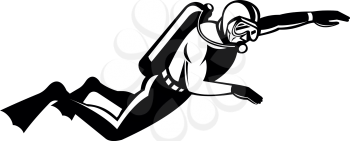 Retro black and white style illustration of a scuba diver diving swimming viewed from side on isolated white background.