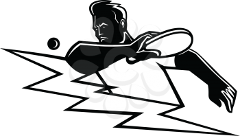 Black and white Mascot illustration of a table tennis or ping-pong player striking a ping pong ball with paddle or racket with lightning bolt or thunderbolt on isolated background in retro style.