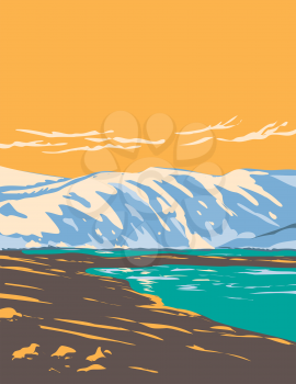 Art Deco or WPA poster of Loch Etchachan within Cairngorms National Park in the central Cairngorms plateau area of Highlands, Scotland, United Kingdom done in works project administration style.