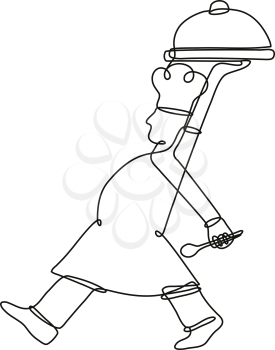 Continuous line drawing illustration of a chef cook or baker serving a food platter side view  
done in mono line or doodle style in black and white on isolated background. 