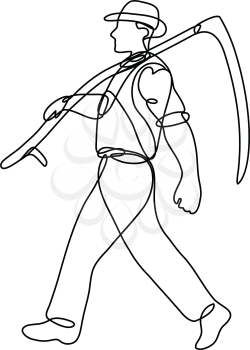 Continuous line drawing illustration of an organic wheat farmer with scythe walking side view done in mono line or doodle style in black and white on isolated background. 