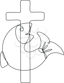 Continuous line drawing illustration of a fish and cross symbol of Christianity done in mono line or doodle style in black and white on isolated background. 