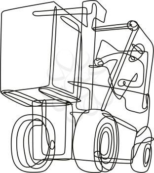 Continuous line drawing illustration of a forklift operator driving a forklift truck done in mono line or doodle style in black and white on isolated background. 
