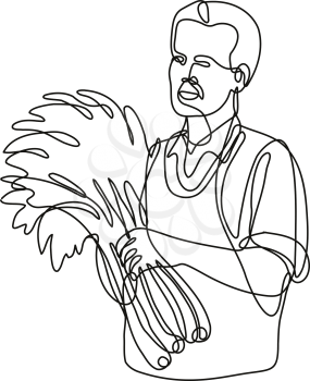 Continuous line drawing illustration of a green grocer holding produce front view done in mono line or doodle style in black and white on isolated background. 