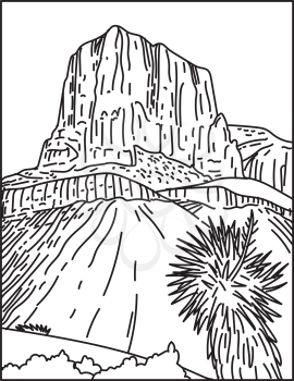 Mono line illustration of Guadalupe Mountains National Park in West Texas USA done in in retro black and white monoline line art style poster.