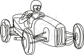 Continuous line drawing illustration of a vintage race car driver done in sketch or doodle style. 
