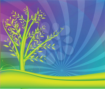Royalty Free Clipart Image of a Vibrant Coloured Background With a Green Tree