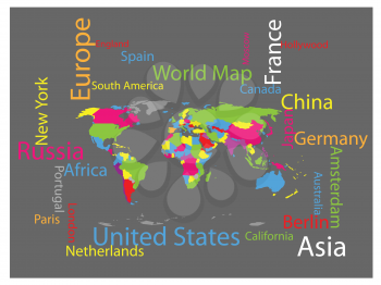 Royalty Free Clipart Image of a Map on Grey With the Names of Countries