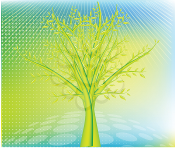 Royalty Free Clipart Image of a Green Tree on a Blue Background