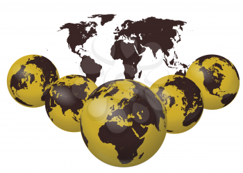 Royalty Free Clipart Image of Five Globes and a Map of the World